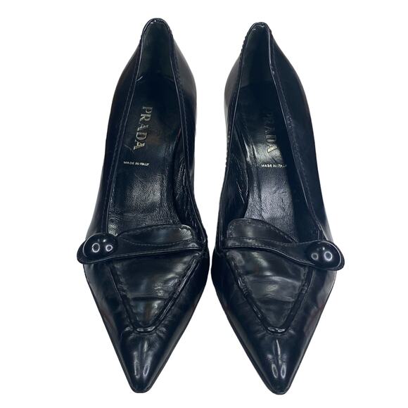 Prada Women’s Black Leather Pointed Toe Kitten Heel Size 37.5 US 7.5 - Picture 7 of 14
